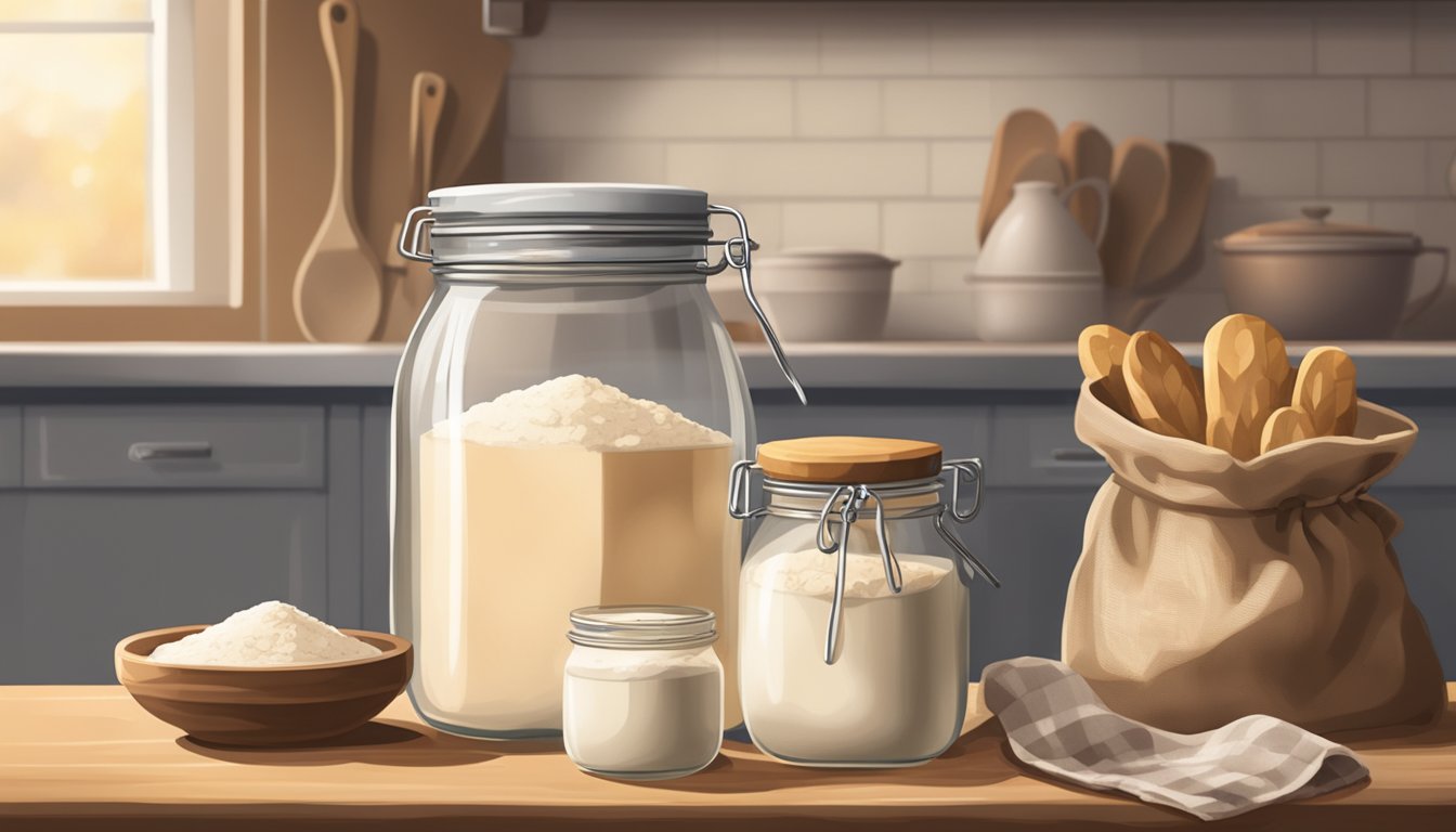 A small kitchen counter with a jar of bubbling sourdough starter, a bag of flour, and a mixing bowl. A warm, cozy atmosphere with a hint of rustic charm