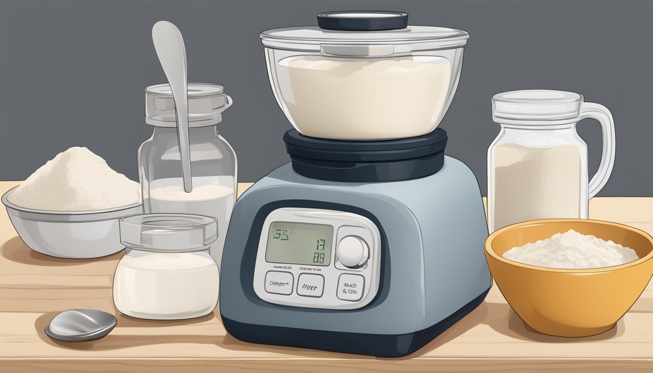 A compact kitchen counter with bowls of sourdough starter and flour, a mixing spoon, and a timer set for autolysis