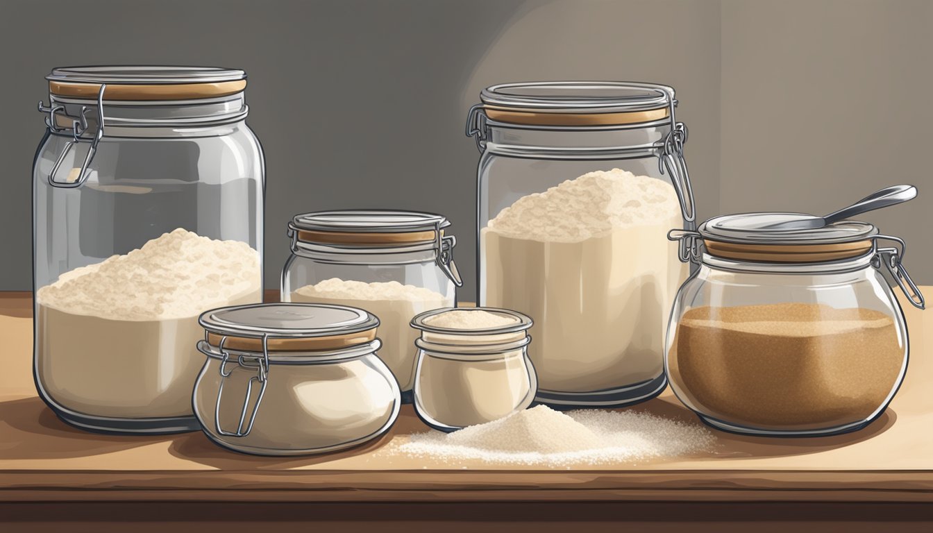 A small kitchen counter with sourdough starter bubbling in a glass jar, surrounded by bags of flour and a mixing bowl