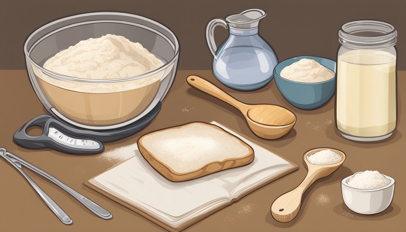 A wooden table with a bowl of bubbling sourdough starter, a bag of flour, and a set of measuring cups and spoons. A recipe book open to a page on sourdough baking