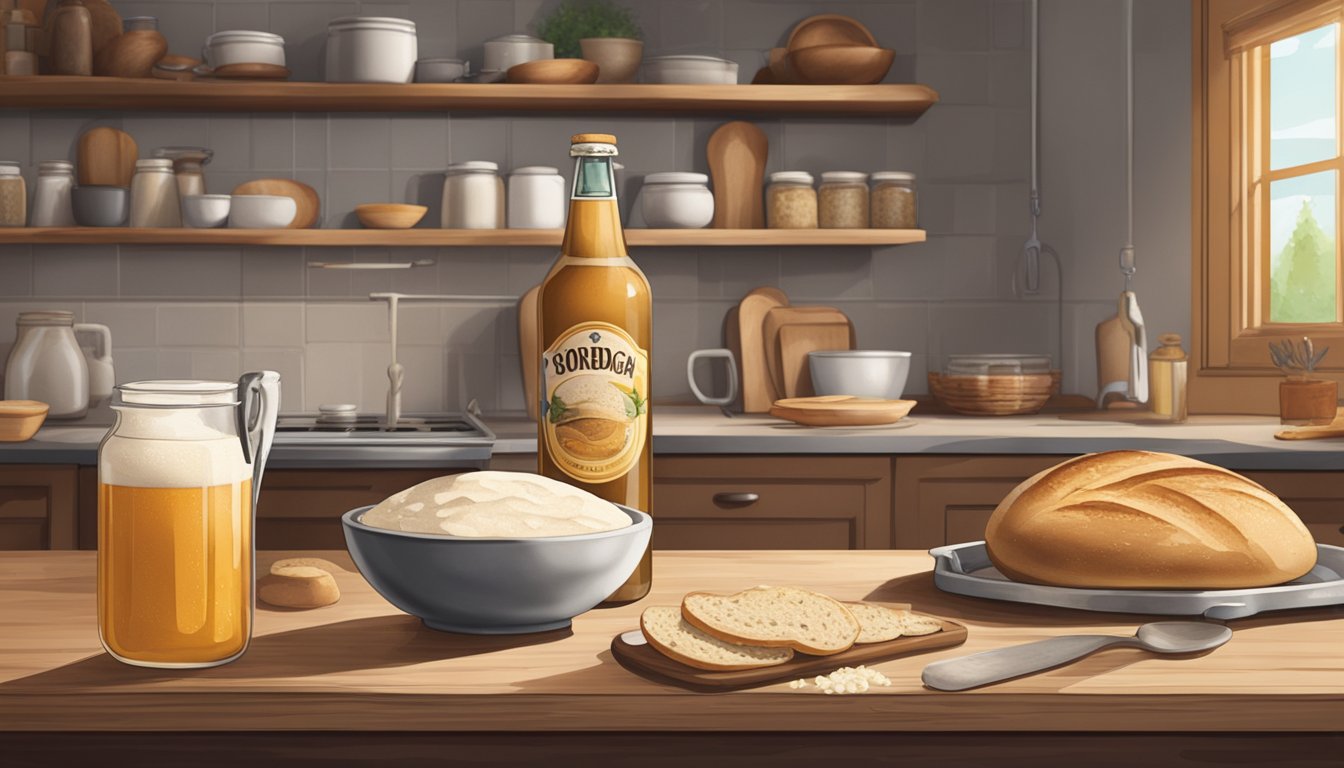 A rustic kitchen counter with a bowl of sourdough starter, a bottle of beer, and various baking tools scattered around