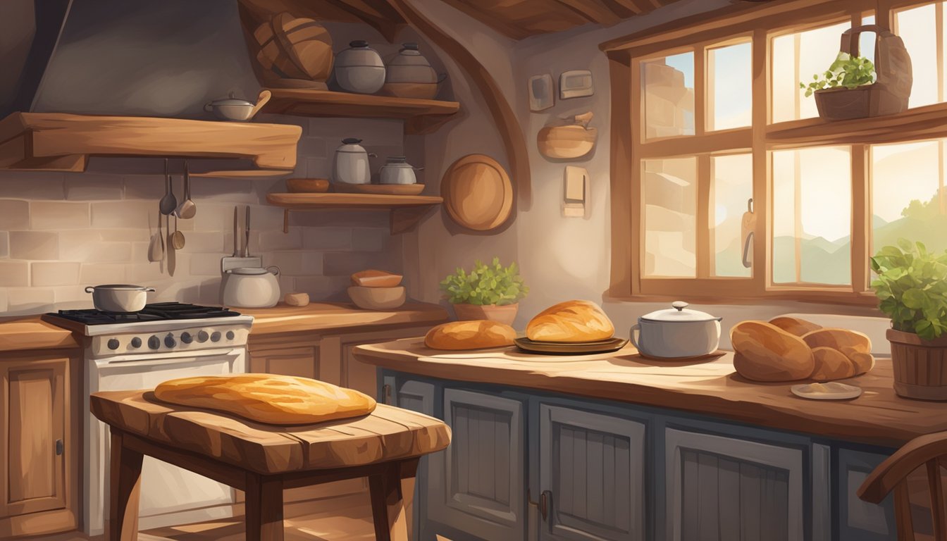 A rustic kitchen with a small oven, a wooden table, and a loaf of sourdough bread rising in the warm, cozy space