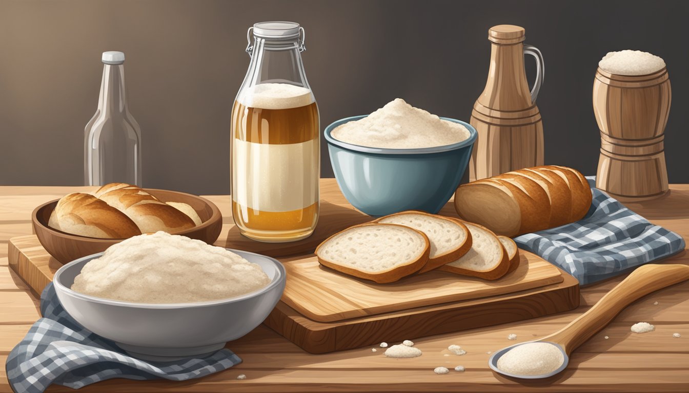 A rustic kitchen table with a wooden cutting board, a bowl of sourdough starter, a bag of flour, and a bottle of beer