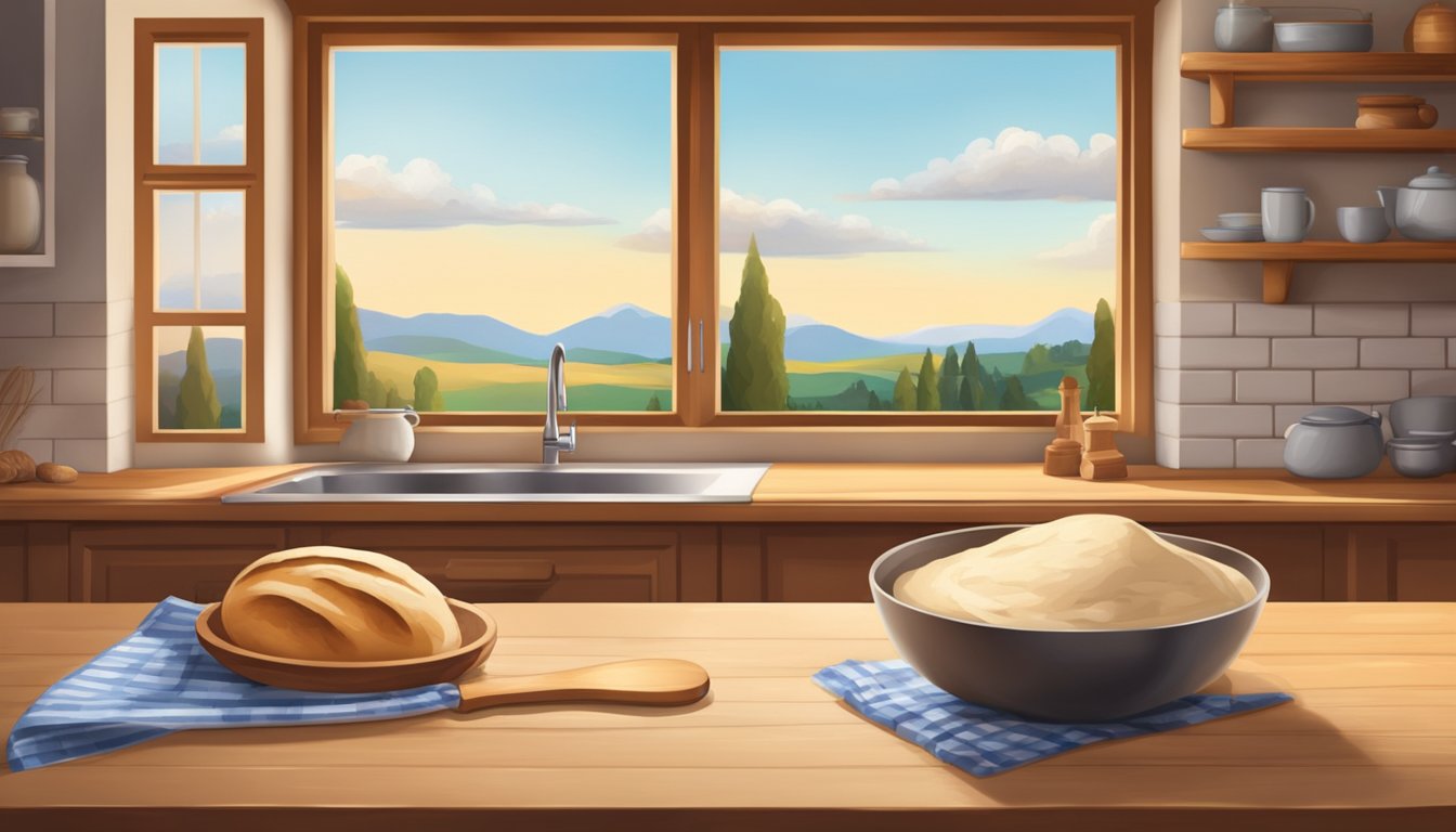 A wooden table with a bowl of sourdough dough, a rolling pin, and a cloth covering the dough. A warm, cozy kitchen with a view of a window