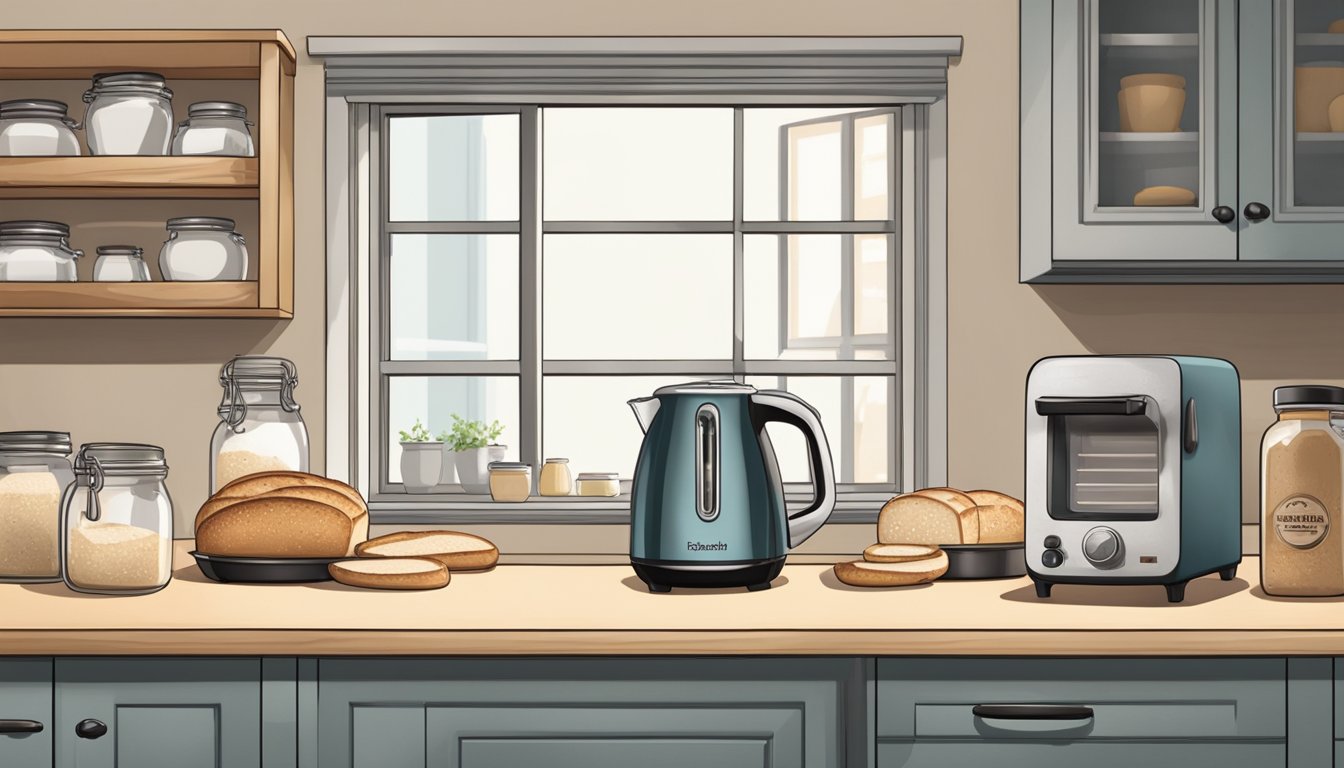 A small kitchen with shelves holding jars of sourdough starter, a countertop with a loaf of freshly baked sourdough bread, and a toaster for serving