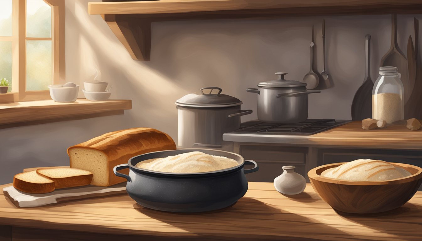 A rustic kitchen with a wooden table, a bowl of sourdough starter, a flour-dusted countertop, and a golden-brown loaf in a cast iron Dutch oven