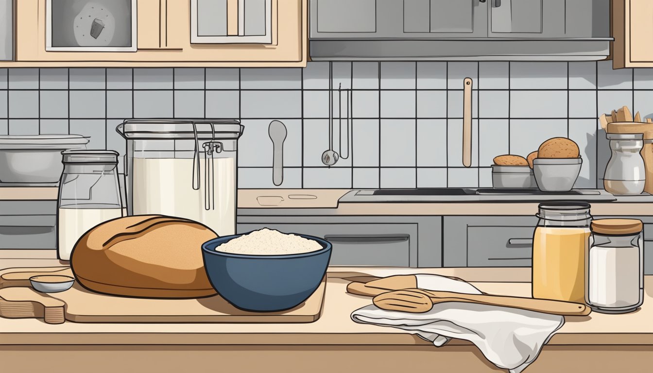 A kitchen counter with a bowl of sourdough starter, flour, and baking tools. A loaf of bread sits on a cooling rack next to a troubleshooting guide