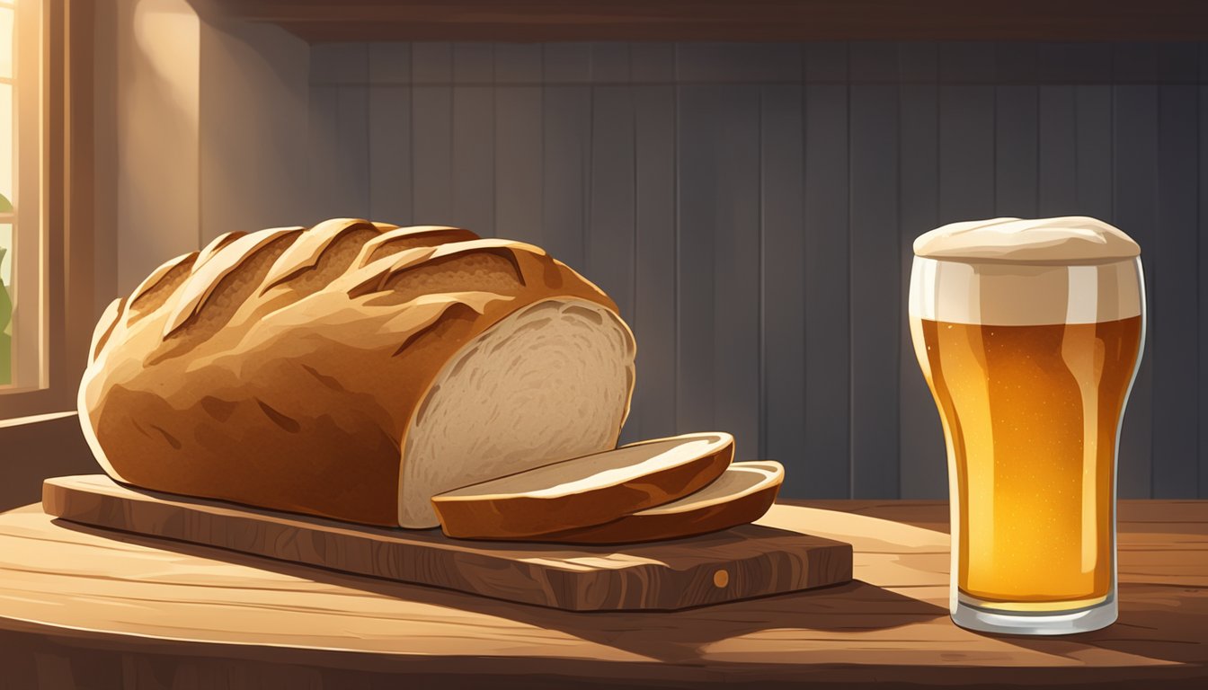 A rustic loaf of sourdough bread sits on a wooden cutting board next to a bottle of beer, with a warm, golden glow from the oven in the background