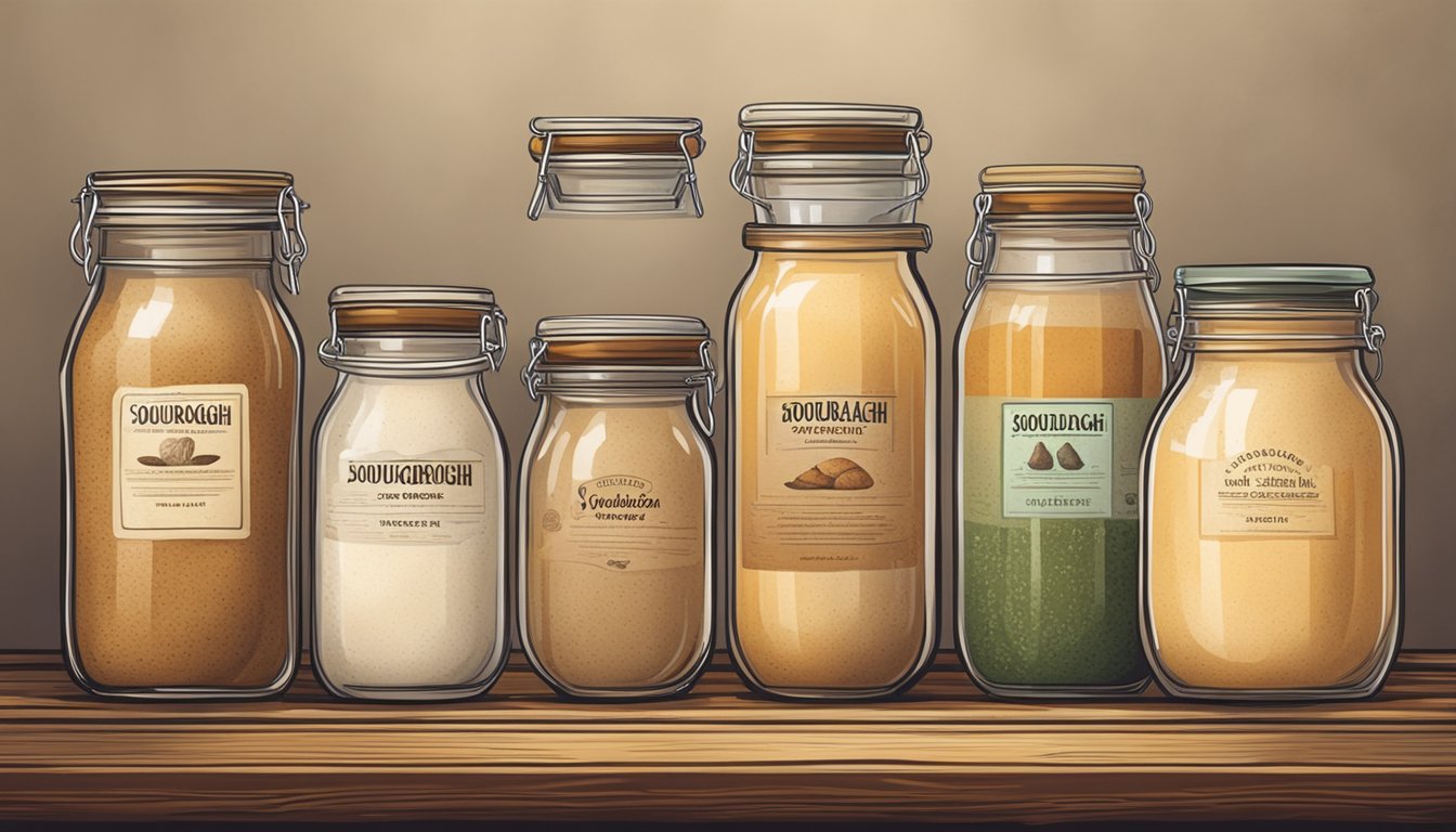 A collection of sourdough starters from different cultures, displayed in vintage jars on a rustic wooden table