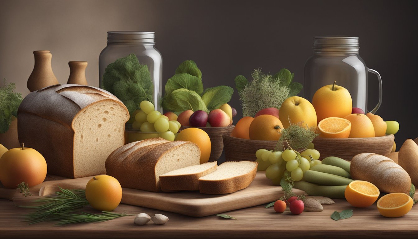 A rustic wooden table with a freshly baked loaf of sourdough bread, surrounded by a variety of seasonal fruits, vegetables, and herbs