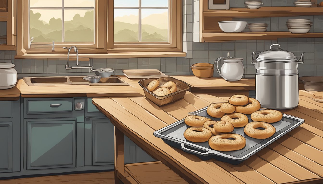 A rustic kitchen counter with flour, water, and a bowl of sourdough starter. A wooden table holds a tray of freshly baked sourdough bagels cooling on a wire rack