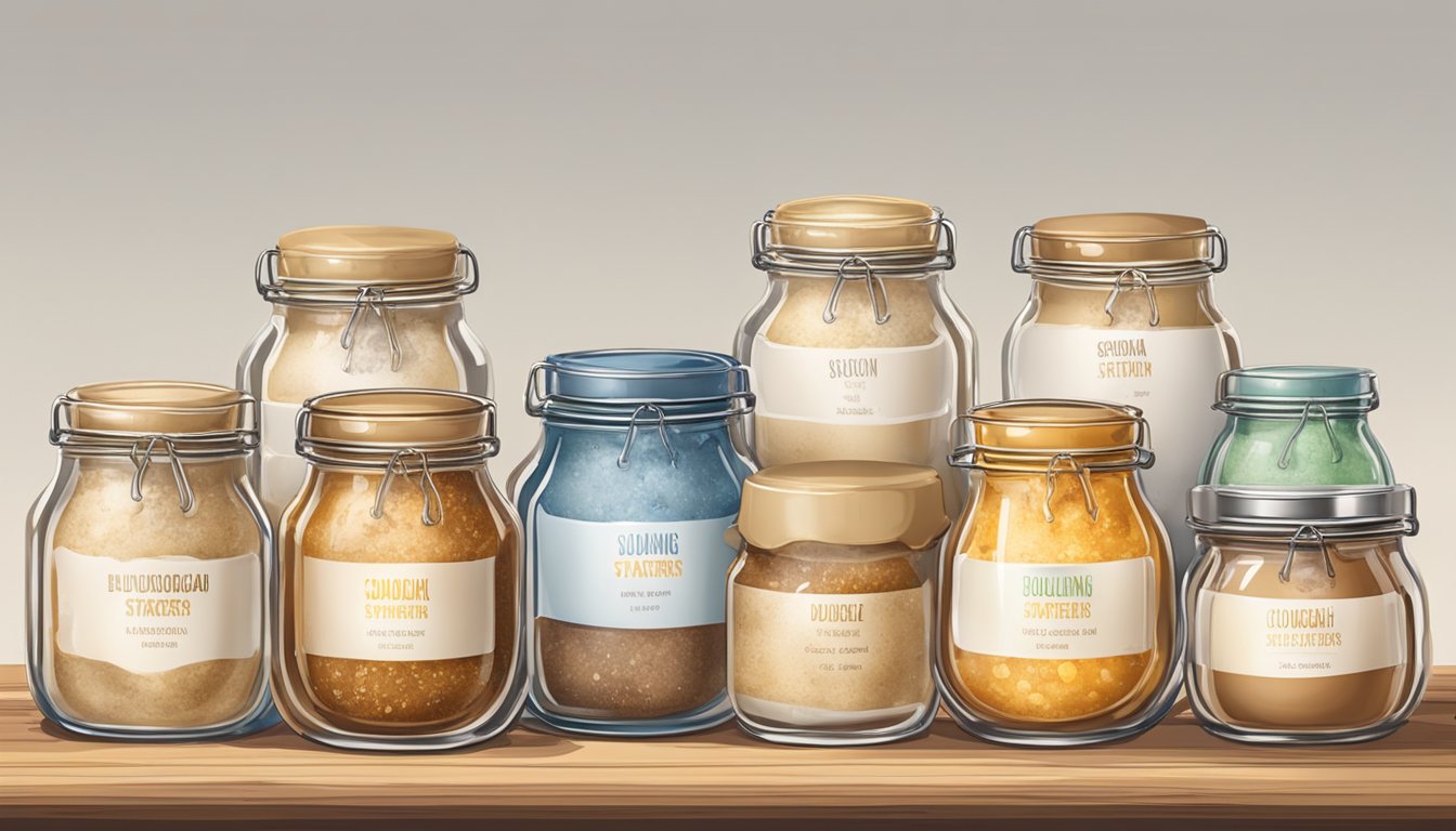 A table with various jars of bubbling sourdough starters from different countries, each labeled with a unique design or flag