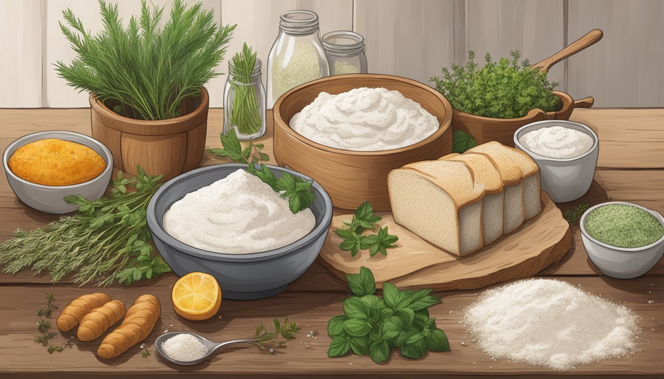 A rustic wooden table covered in flour and scattered with fresh herbs, a bowl of bubbling sourdough starter, and an assortment of seasonal ingredients