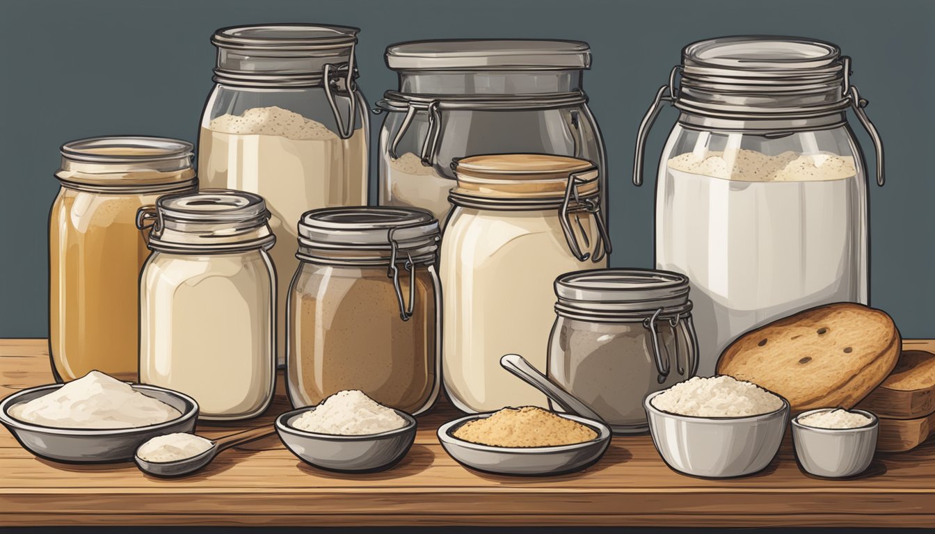 A table with various jars of sourdough starters from different countries, alongside baking tools and ingredients