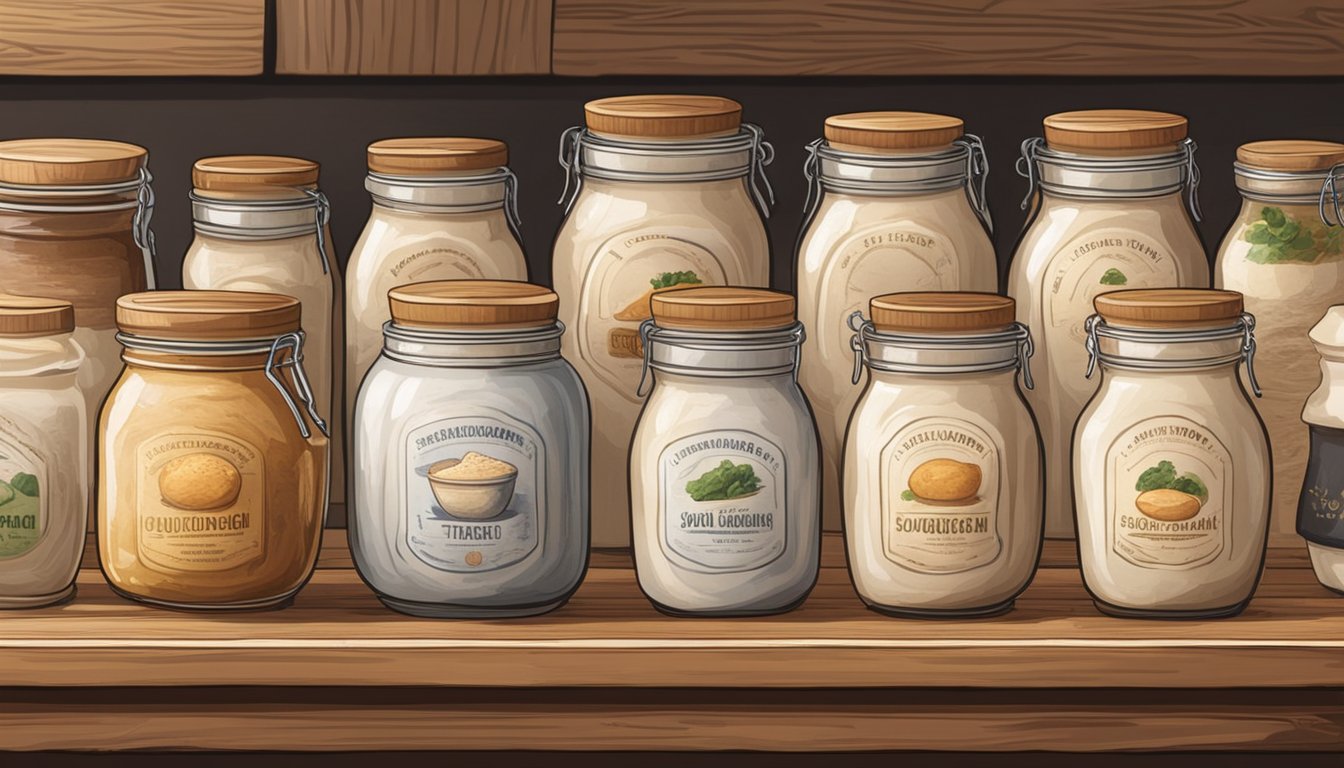 A collection of sourdough starters from different cultures, displayed in rustic ceramic jars on a wooden table