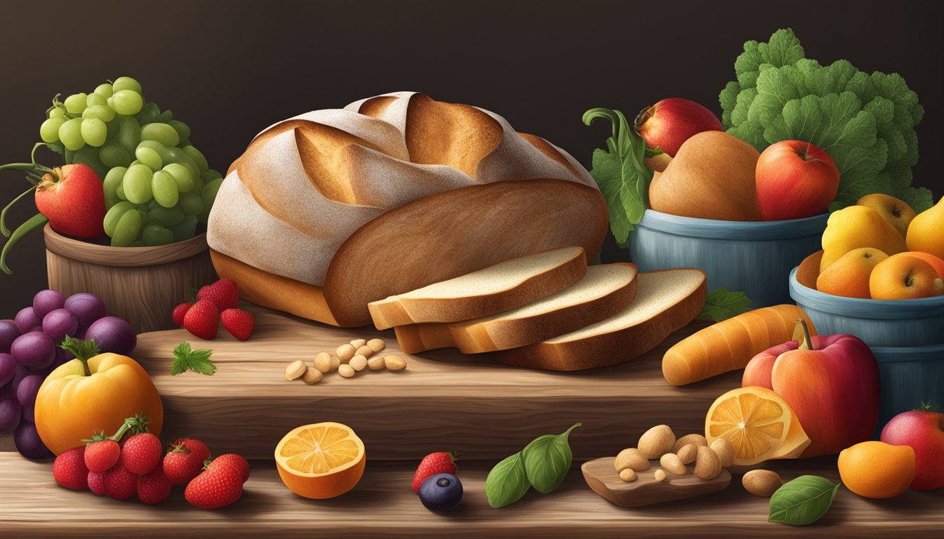 A rustic wooden table with a freshly baked loaf of sourdough bread surrounded by vibrant seasonal fruits and vegetables