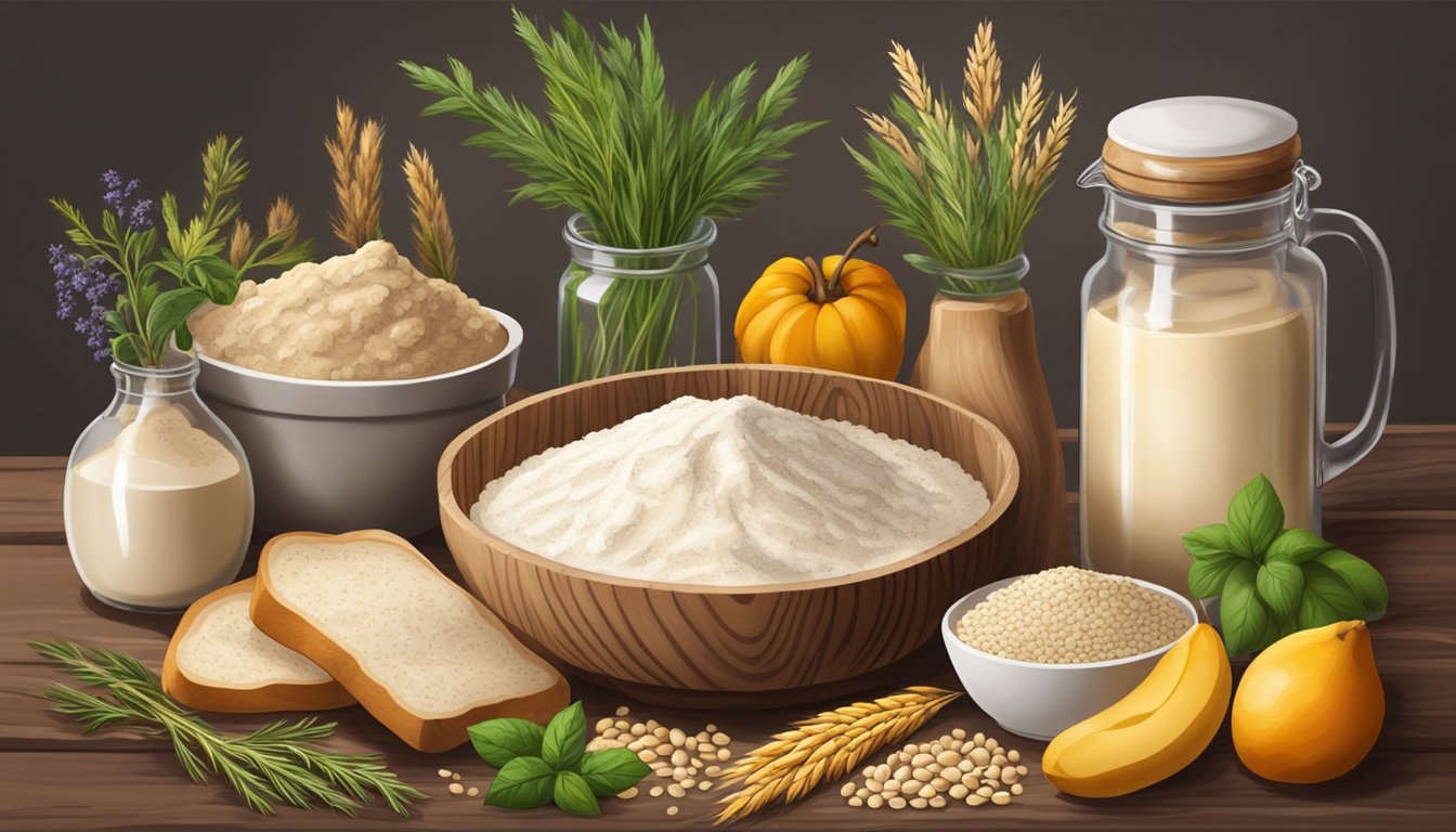 A rustic wooden table covered in flour and sourdough starter, surrounded by fresh seasonal ingredients like herbs, fruits, and grains