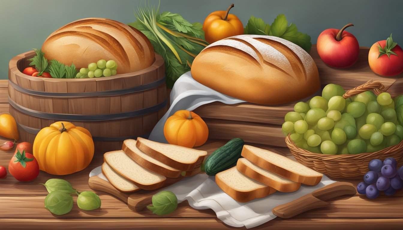 A rustic wooden table adorned with a freshly baked loaf of sourdough bread, surrounded by vibrant seasonal fruits and vegetables