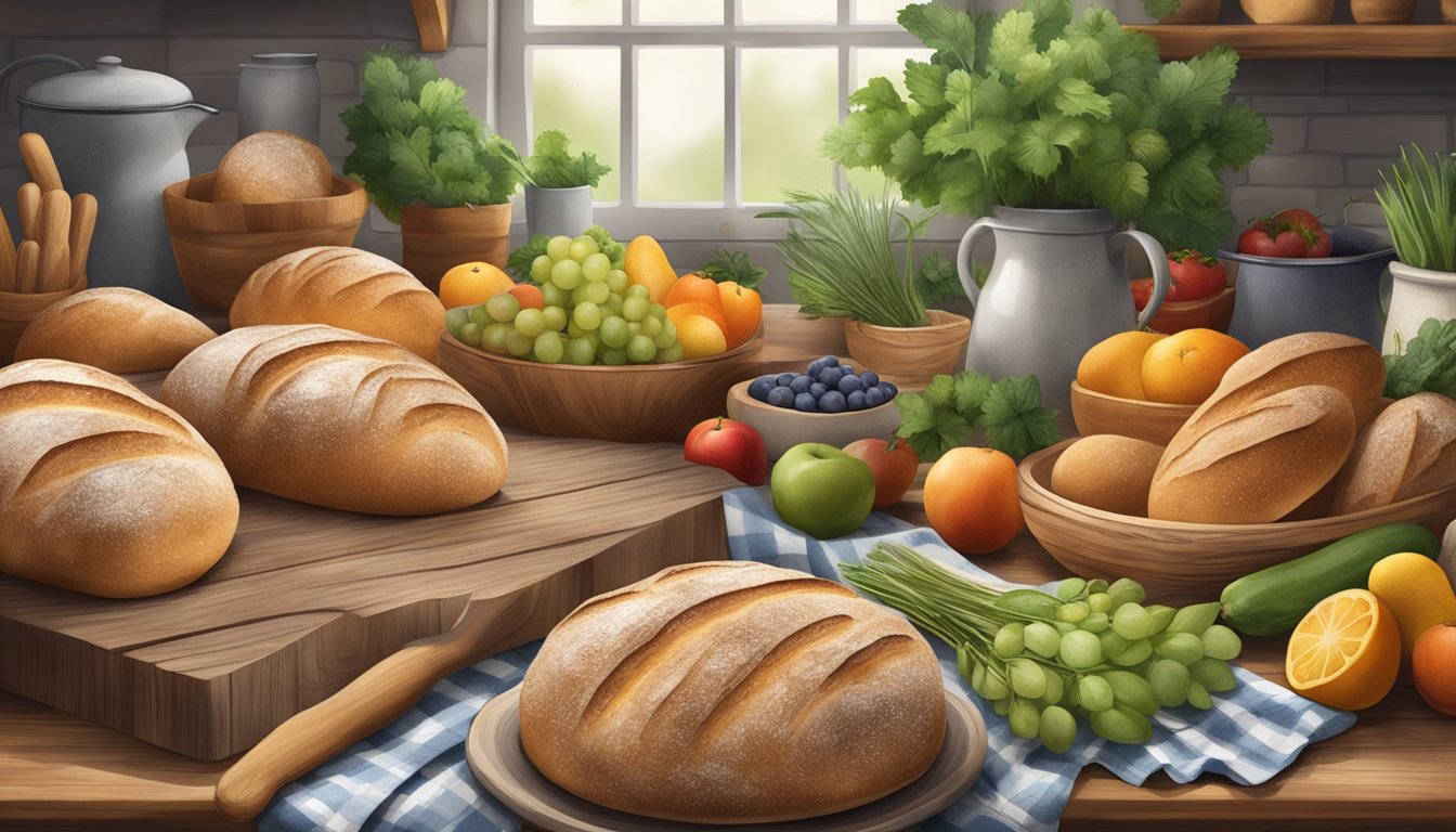 A rustic kitchen table with an assortment of sourdough loaves, surrounded by fresh seasonal ingredients like fruits, herbs, and vegetables