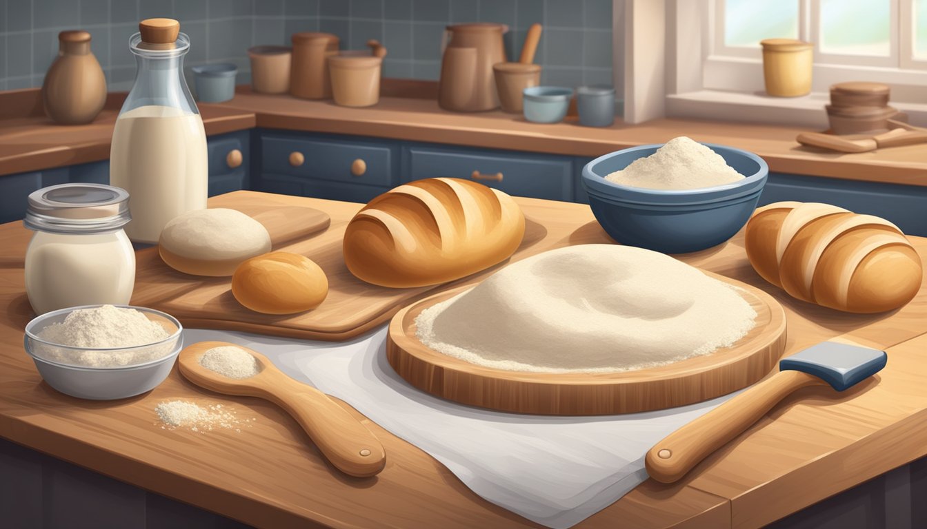 A wooden work surface with flour, mixing bowls, dough, rolling pin, and baking trays. A kitchen filled with tools such as a dough scraper and a bread lame