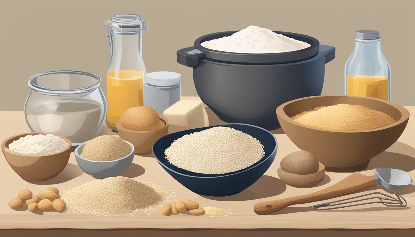 A kitchen counter with various ingredients and tools for making sourdough bagels, including flour, starter, seeds, and a mixing bowl