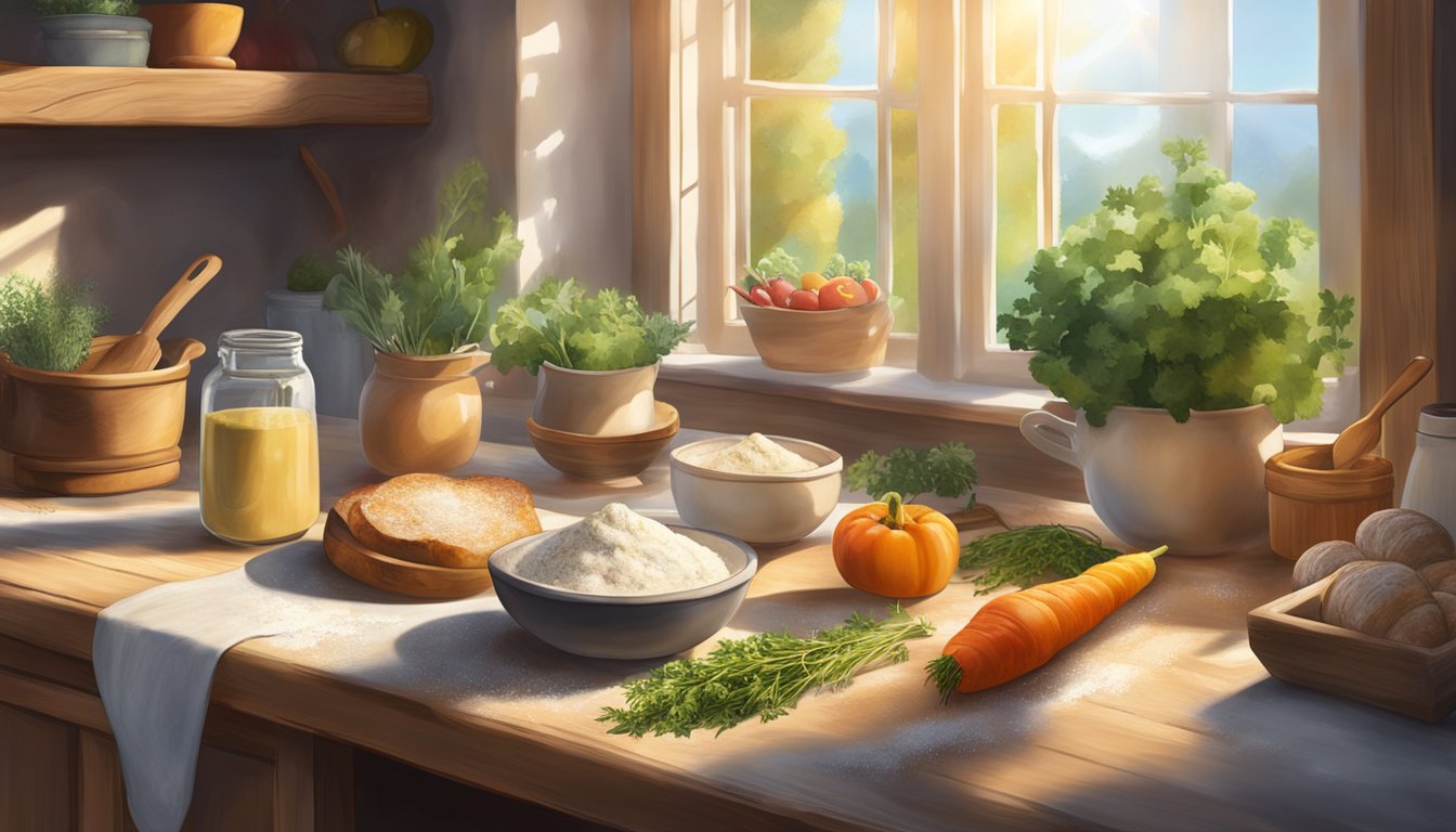 A rustic kitchen with a wooden table covered in flour, sourdough starter, and an assortment of seasonal ingredients like fresh herbs and colorful vegetables. Sunlight streams in through a window, casting a warm glow over the scene