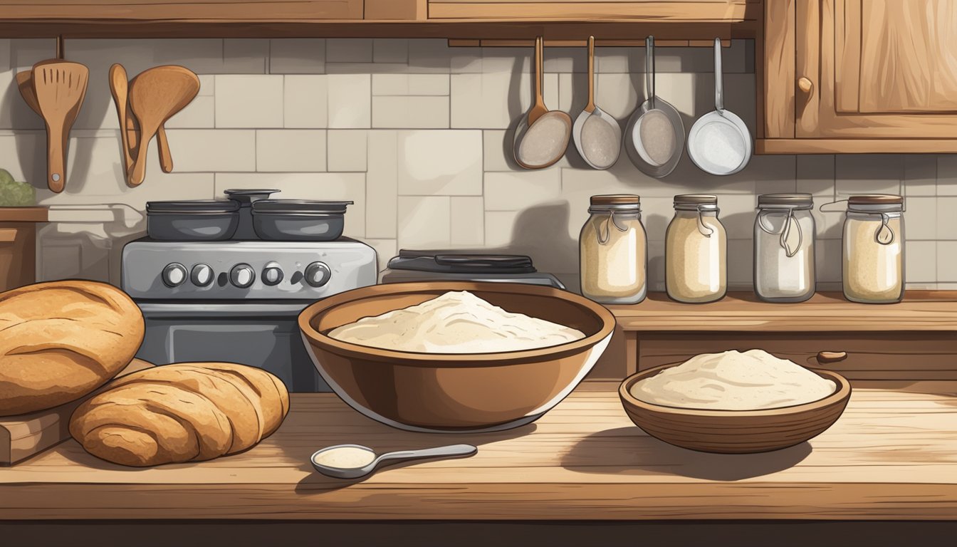 A rustic kitchen with a wooden table, a bowl of sourdough starter, jars of alternative sugars, and a mixing bowl with a dough hook