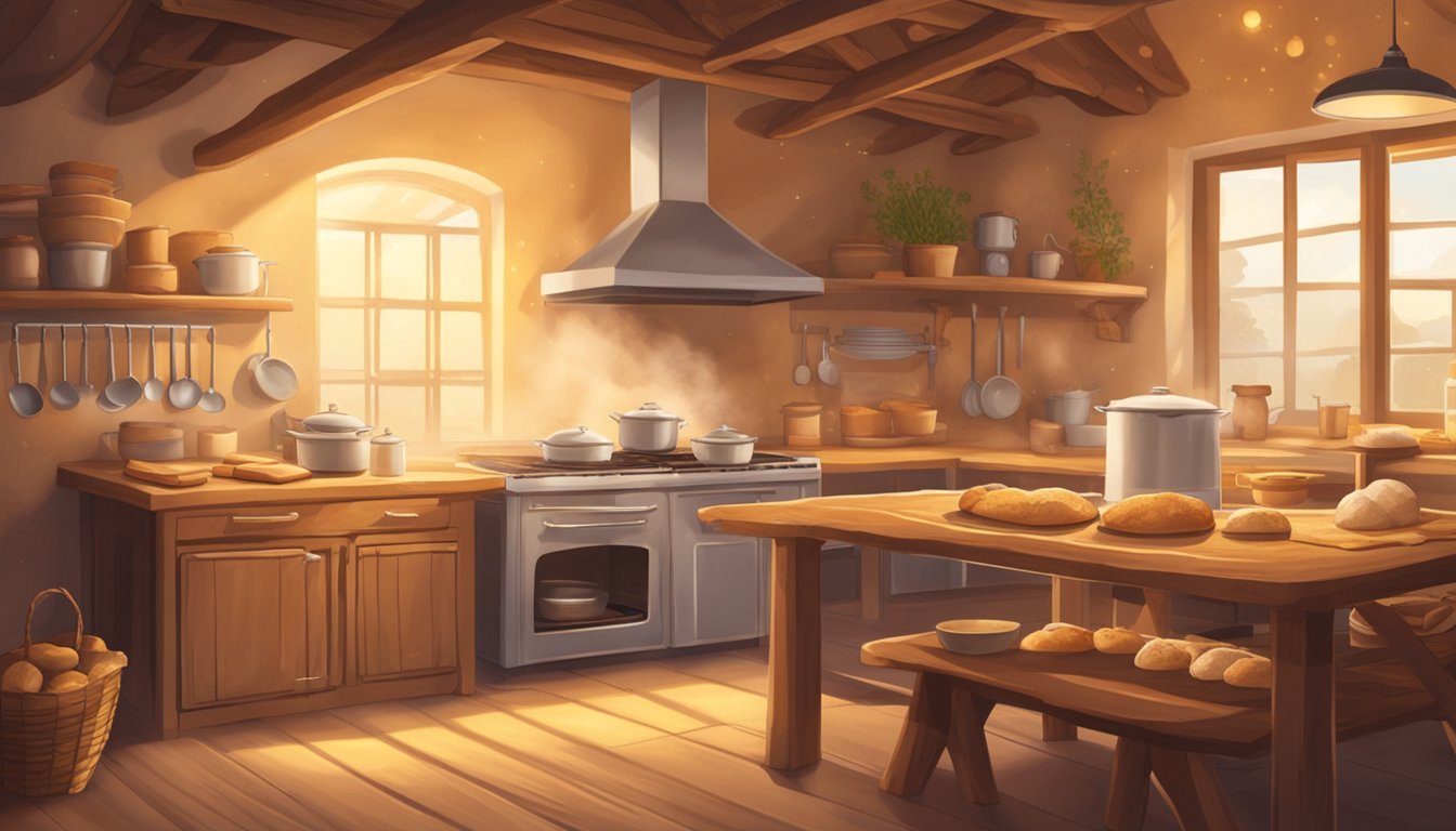 A rustic kitchen with a wooden table covered in flour, sourdough starter, and various alternative sugars. A warm oven emits a golden glow in the background