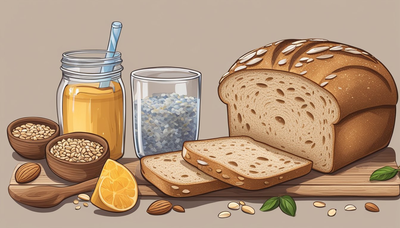 A loaf of sourdough bread surrounded by fresh ingredients like whole grains, seeds, and nuts, with a glass of water on the side