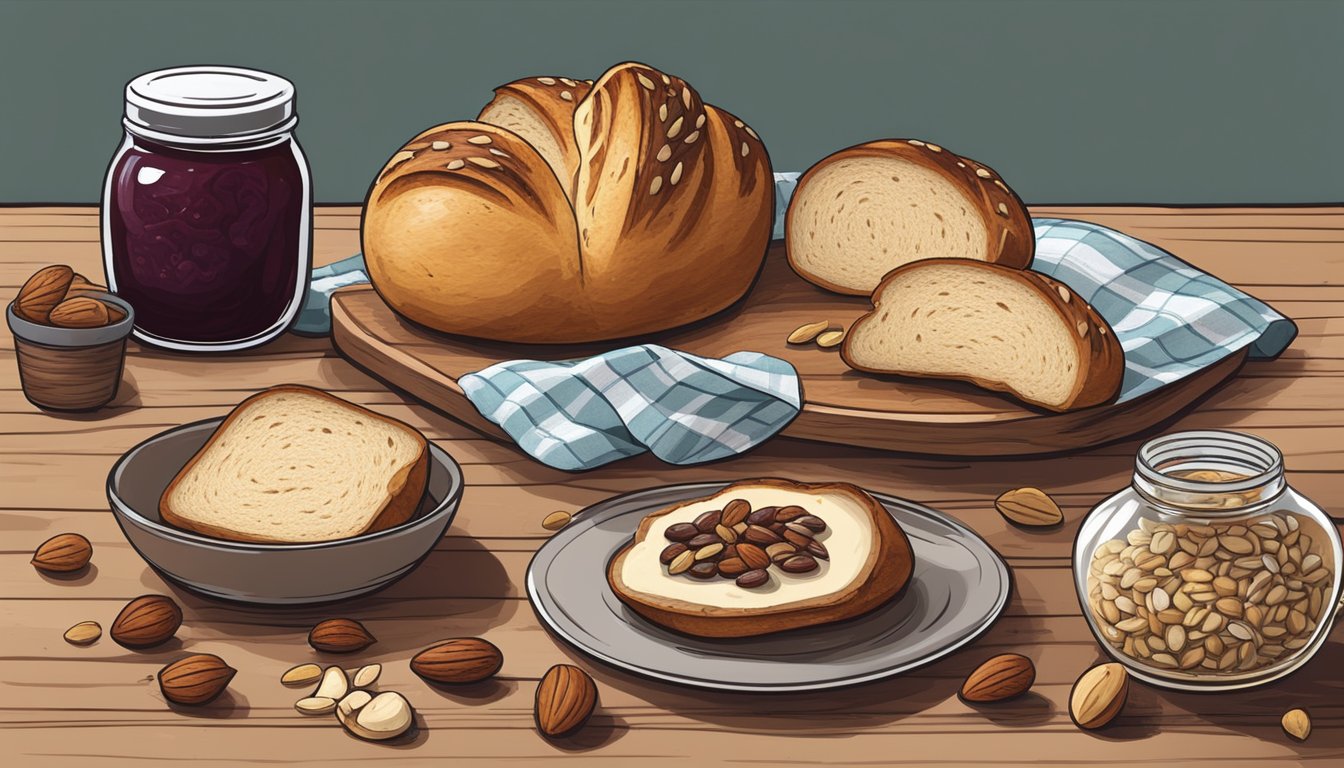 A rustic wooden table displays a freshly baked sourdough brioche alongside a spread of assorted nuts and seeds. A glass jar of homemade jam sits nearby