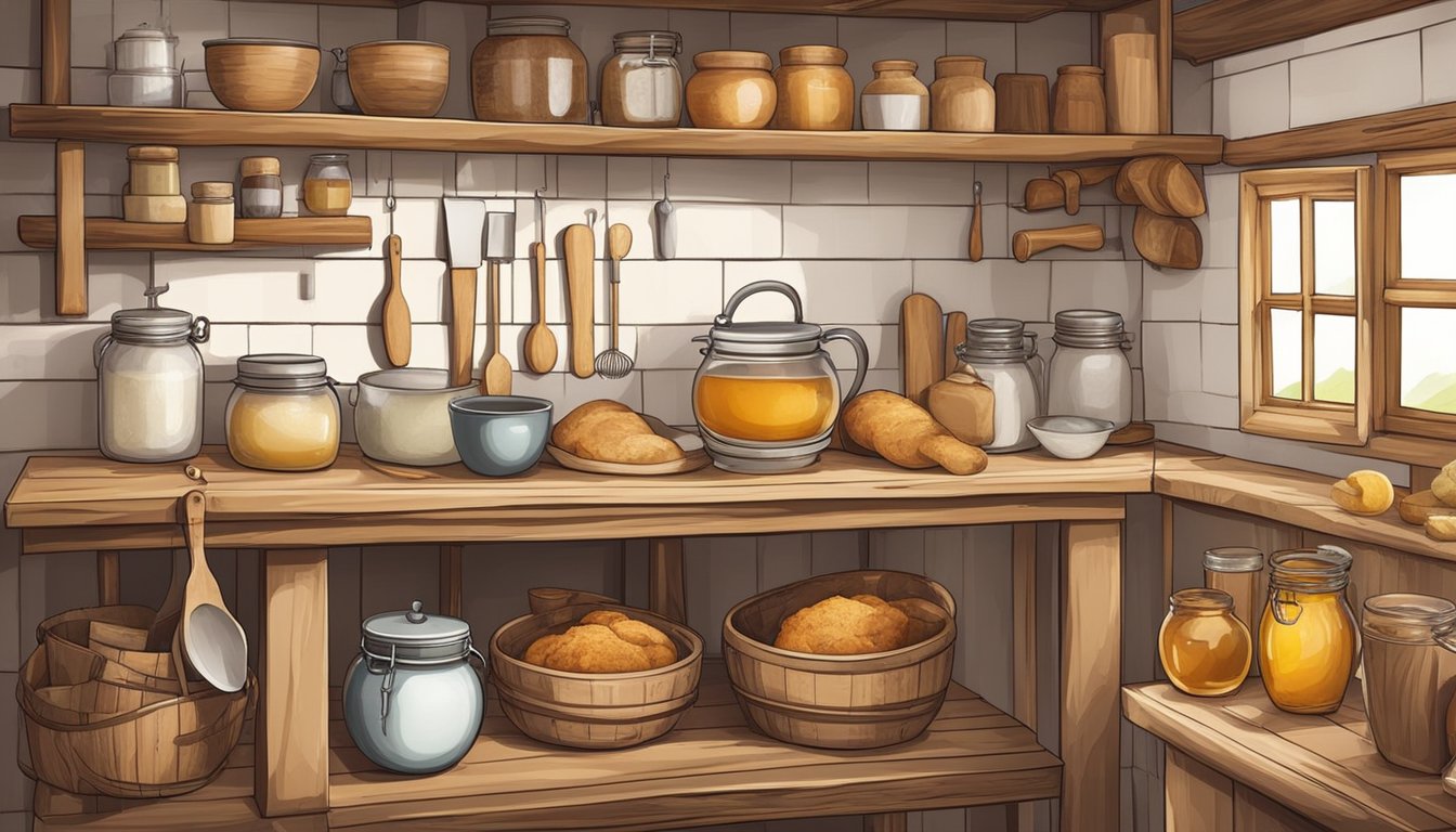 A rustic kitchen with various ingredients and tools for sourdough baking, including alternative sugars like honey and maple syrup