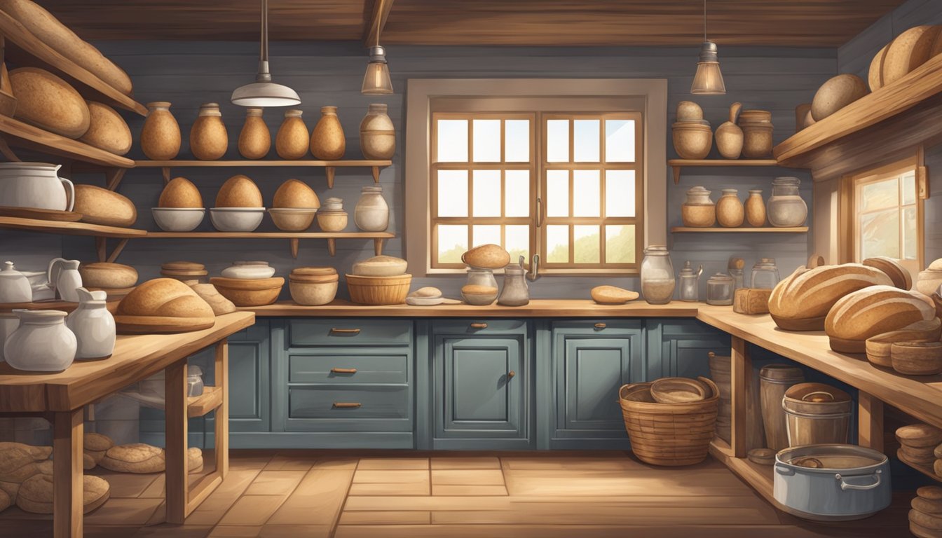 A rustic kitchen with shelves of sourdough loaves, vintage baking tools, and historical artifacts on display