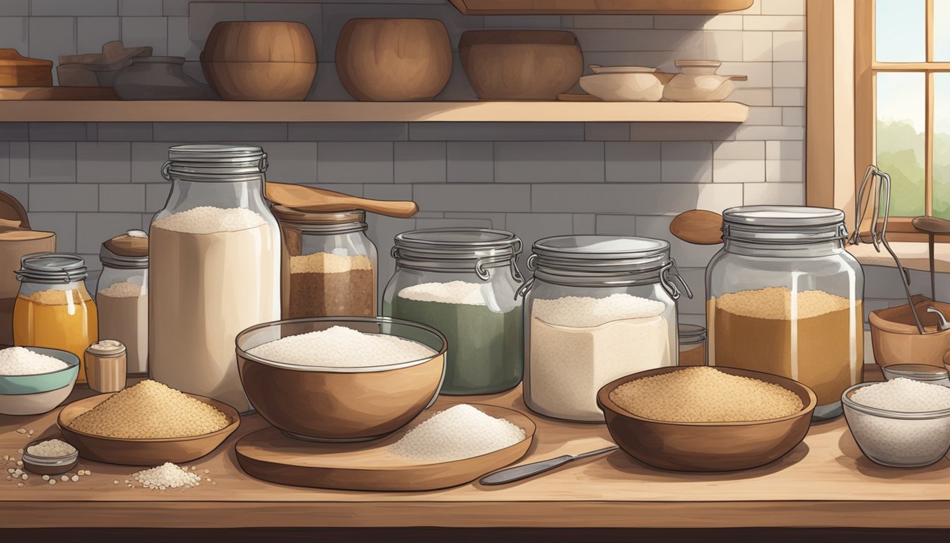 A rustic kitchen counter with a wooden cutting board, mixing bowls, measuring cups, and various baking tools surrounded by jars of alternative sugars and a jar of sourdough starter