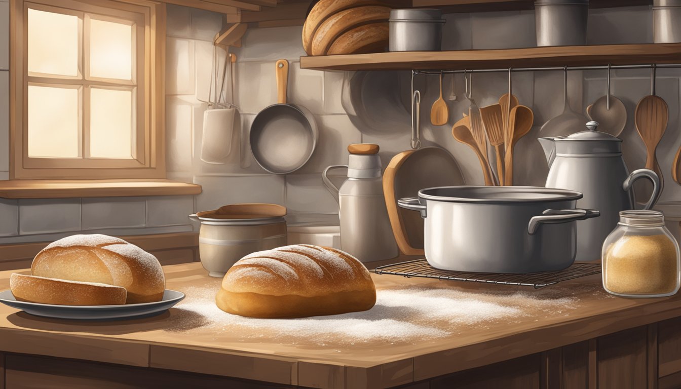 A rustic kitchen with a warm, golden loaf of sourdough bread cooling on a wire rack, surrounded by flour-dusted countertops and vintage baking tools