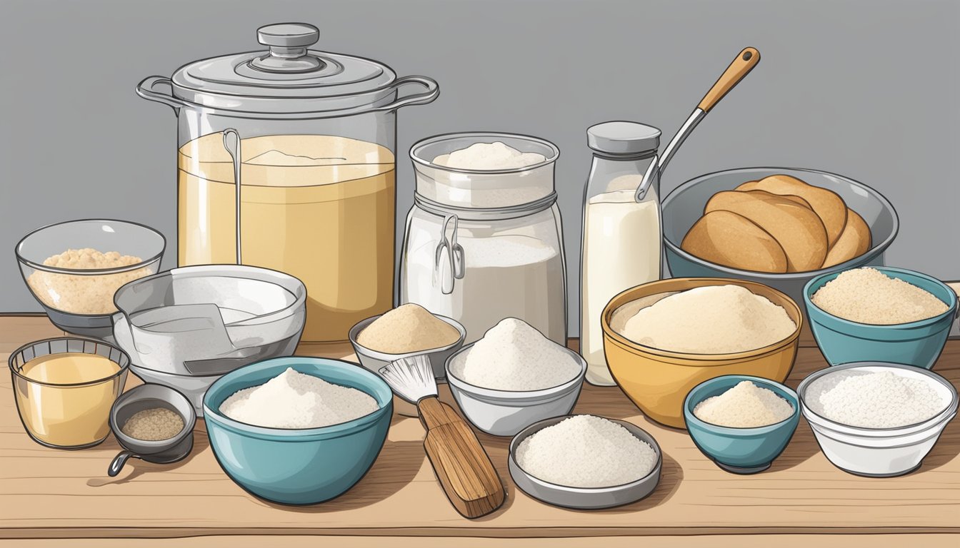 A kitchen counter with sourdough starter, various alternative sugars, mixing bowls, measuring tools, and baking utensils. An open recipe book with troubleshooting notes