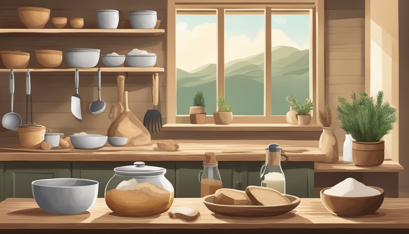 A rustic kitchen scene with ingredients and tools for making sourdough bread, alongside a calming, serene setting to represent mental health