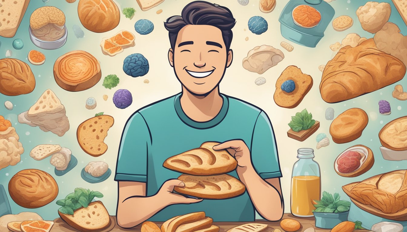 A person enjoying a slice of sourdough bread with a smile on their face, surrounded by images of a healthy brain and happy neurotransmitters