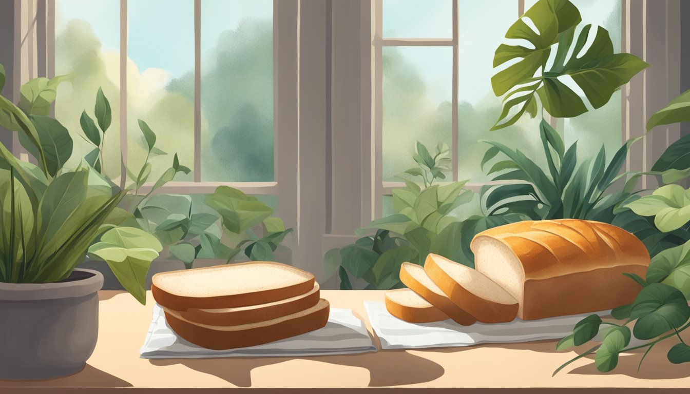 A loaf of sourdough bread surrounded by calming elements like plants and a cozy setting, evoking a sense of comfort and well-being