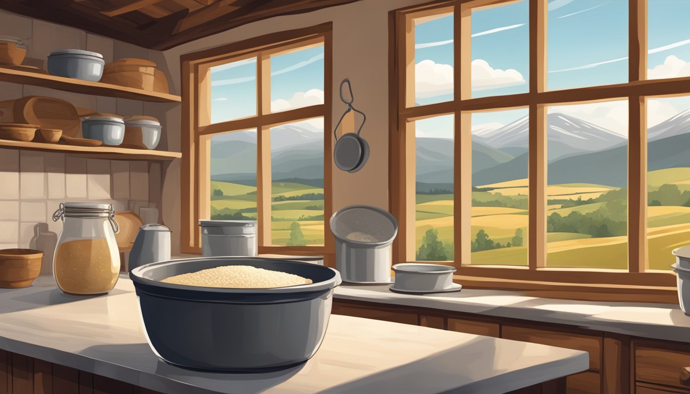 A rustic kitchen with a window overlooking a mountainous landscape. A bowl of sourdough starter sits on the counter, bubbling and fermenting