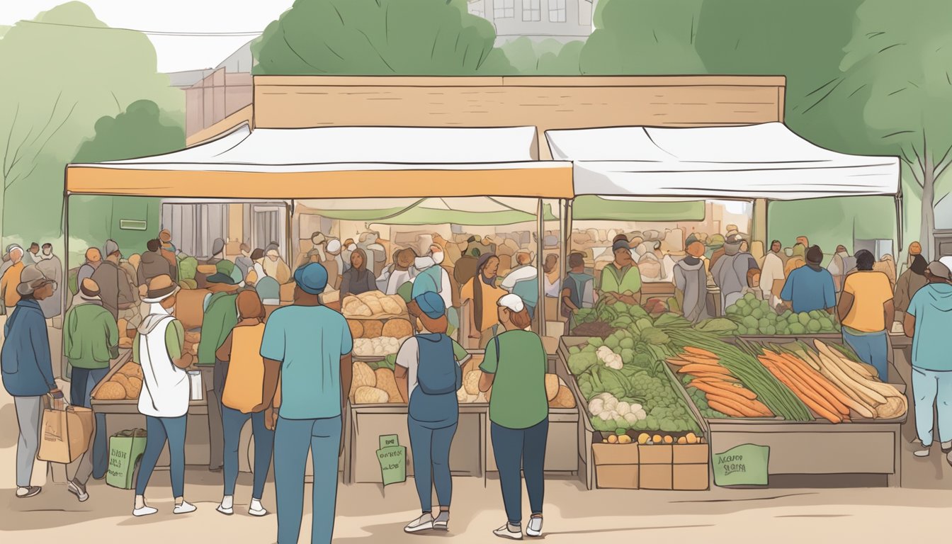 A bustling farmers market with a diverse crowd purchasing sourdough bread. Nearby, a community garden and mental health support booth