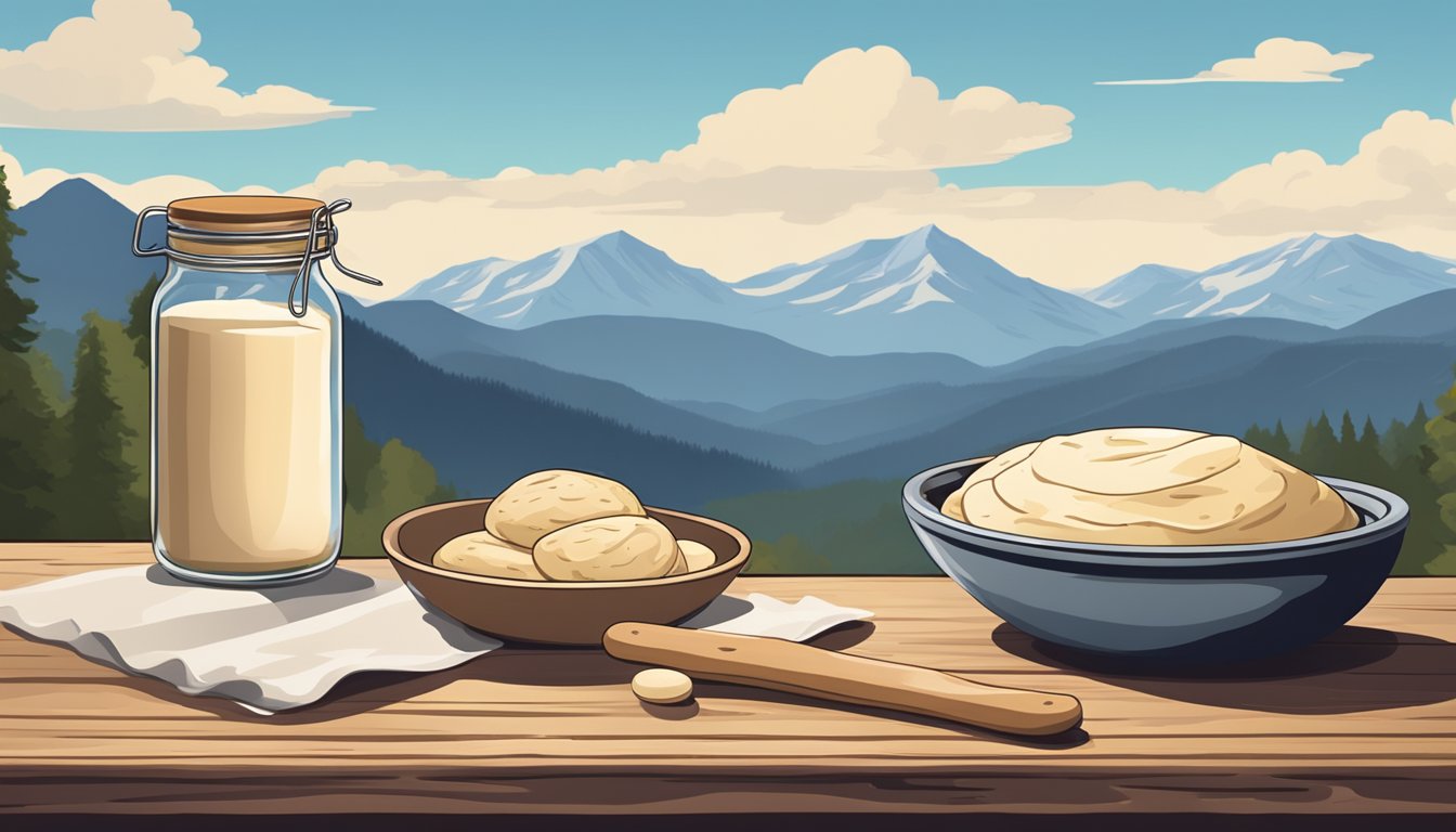 A rustic wooden table with a bowl of dough, a jar of sourdough starter, and a rolling pin, set against a backdrop of mountains and a clear blue sky