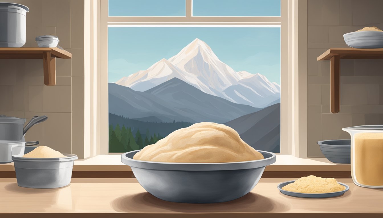 A bowl of sourdough dough sits covered on a countertop, rising during bulk fermentation. A baker shapes loaves on a floured surface, with mountains visible through the window