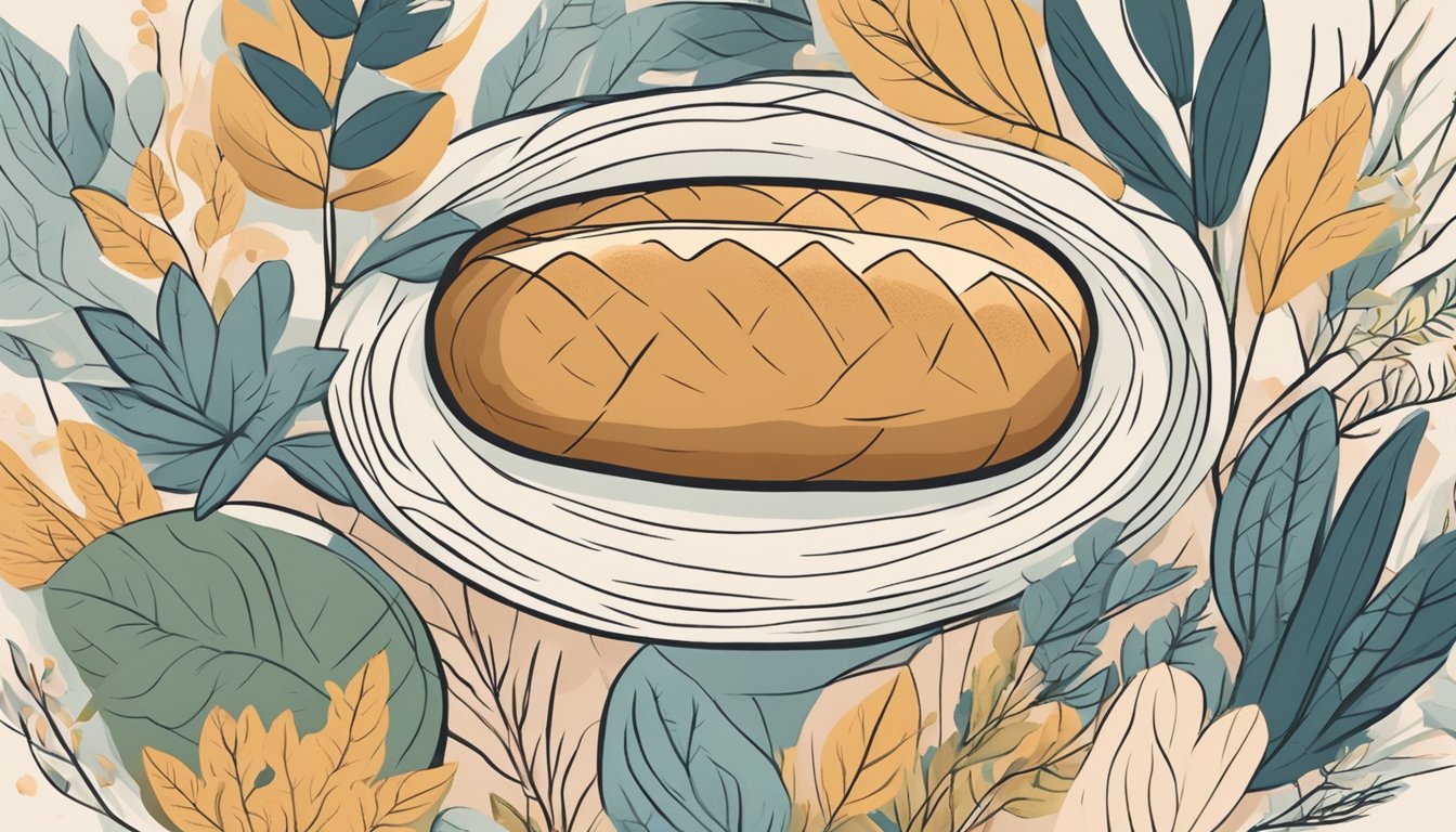 A loaf of sourdough bread surrounded by calming elements like plants and soothing colors, with a symbol of mental health awareness incorporated into the design