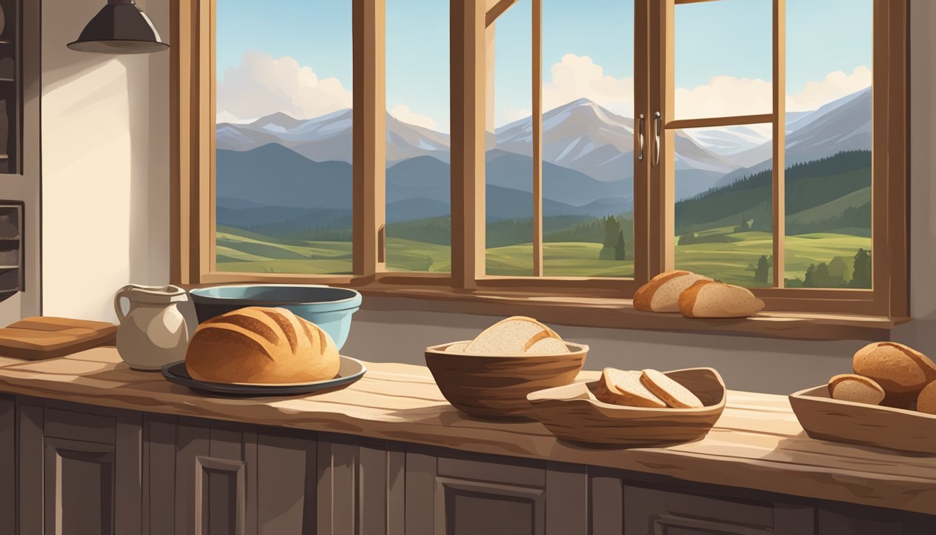 A rustic kitchen with a window overlooking mountains. A wooden table holds a bowl of proofing sourdough, while loaves rise on a nearby counter