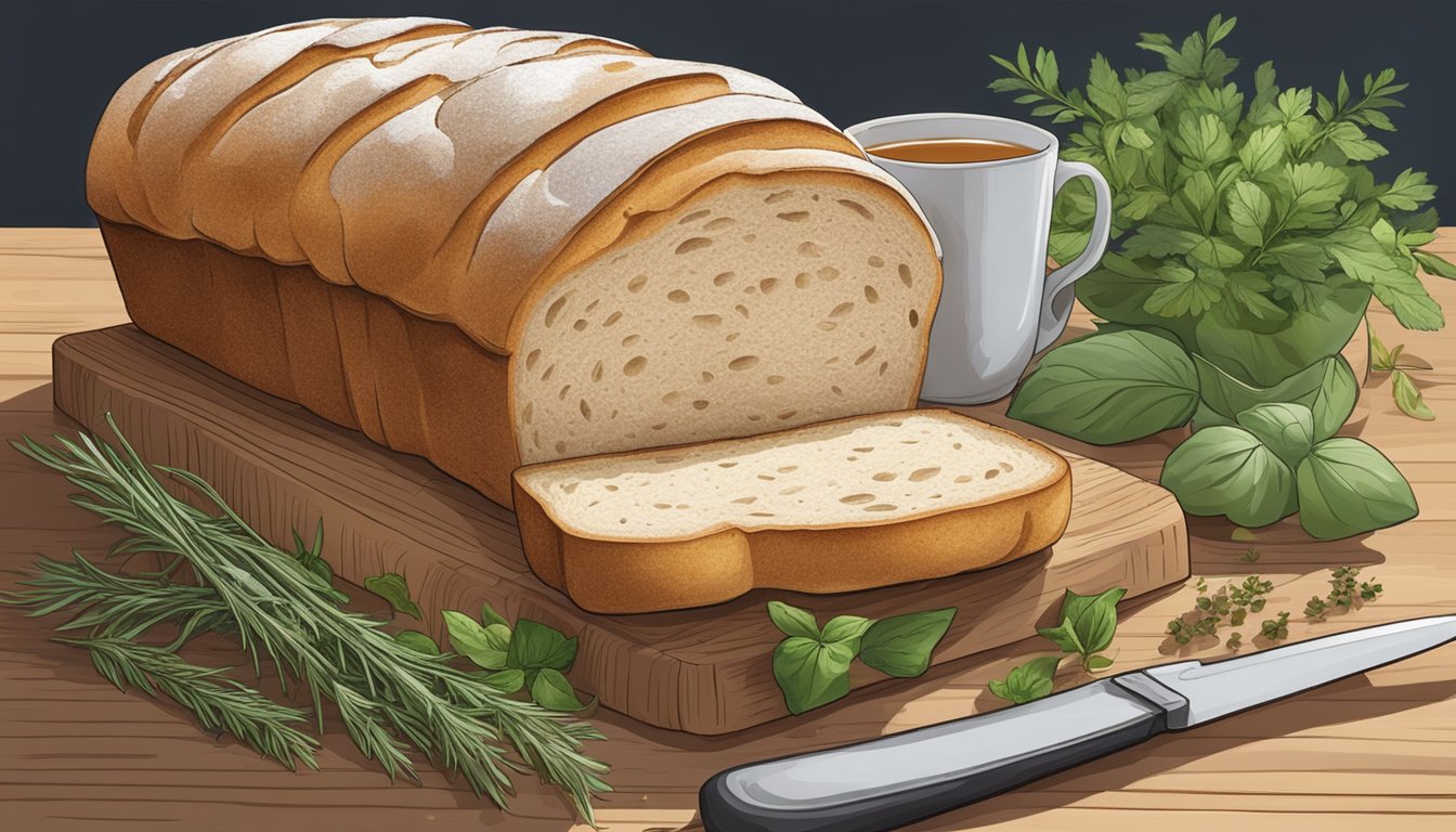 A warm loaf of sourdough bread sits on a wooden cutting board, surrounded by fresh herbs and a steaming cup of tea