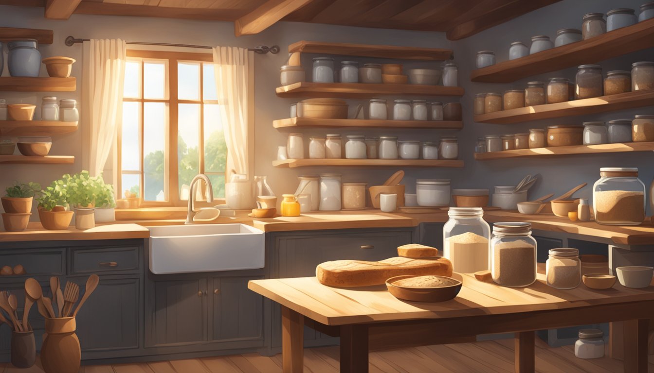 A cozy kitchen with a rustic wooden table, shelves filled with jars of sourdough starter, and various baking tools scattered around. Sunlight streams in through the window, illuminating the scene