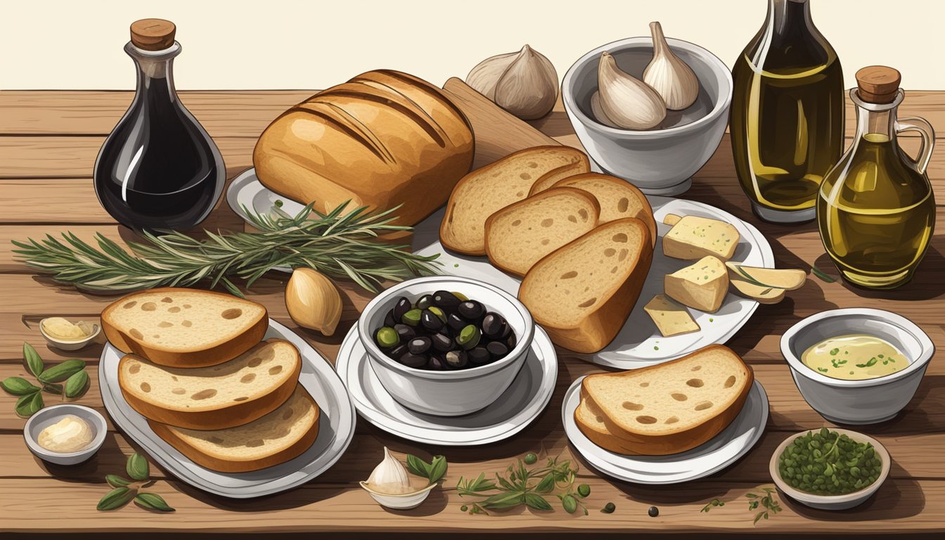 A rustic wooden table set with a loaf of sourdough garlic bread, surrounded by small dishes of olive oil, balsamic vinegar, and herbs