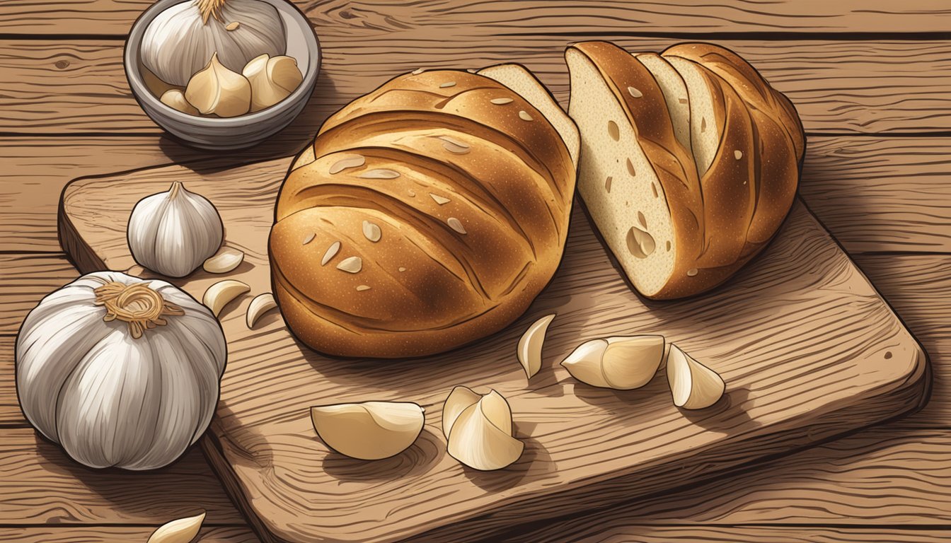 Freshly baked sourdough garlic bread on a rustic wooden cutting board