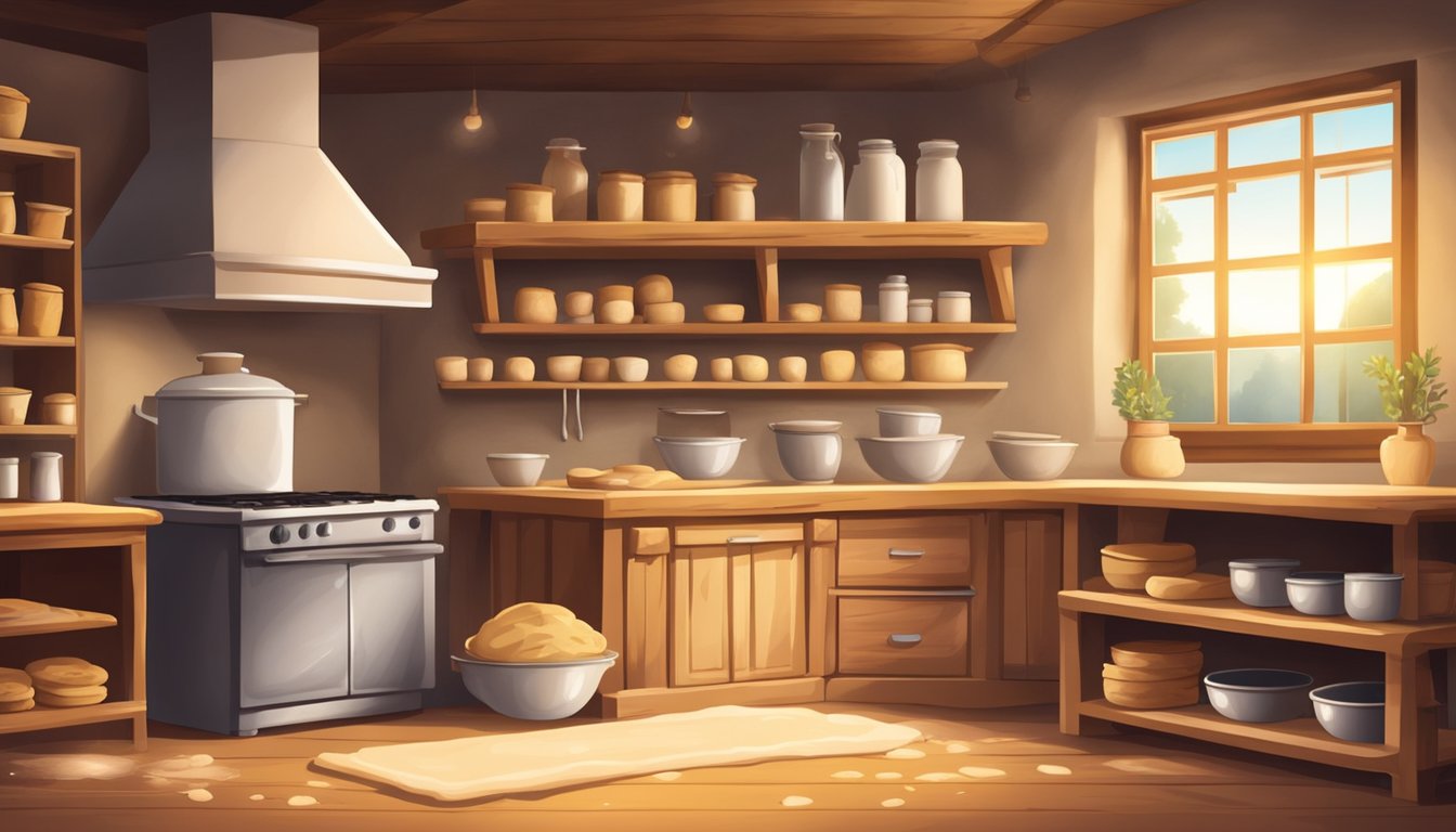 A rustic kitchen with a wooden table covered in flour, a bowl of dough, and shelves of baking supplies. A warm oven emits a golden glow