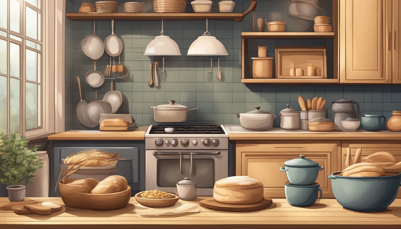 A small home kitchen with ingredients, baking tools, and a warm oven, surrounded by a cozy and inviting atmosphere for sourdough baking as a side business